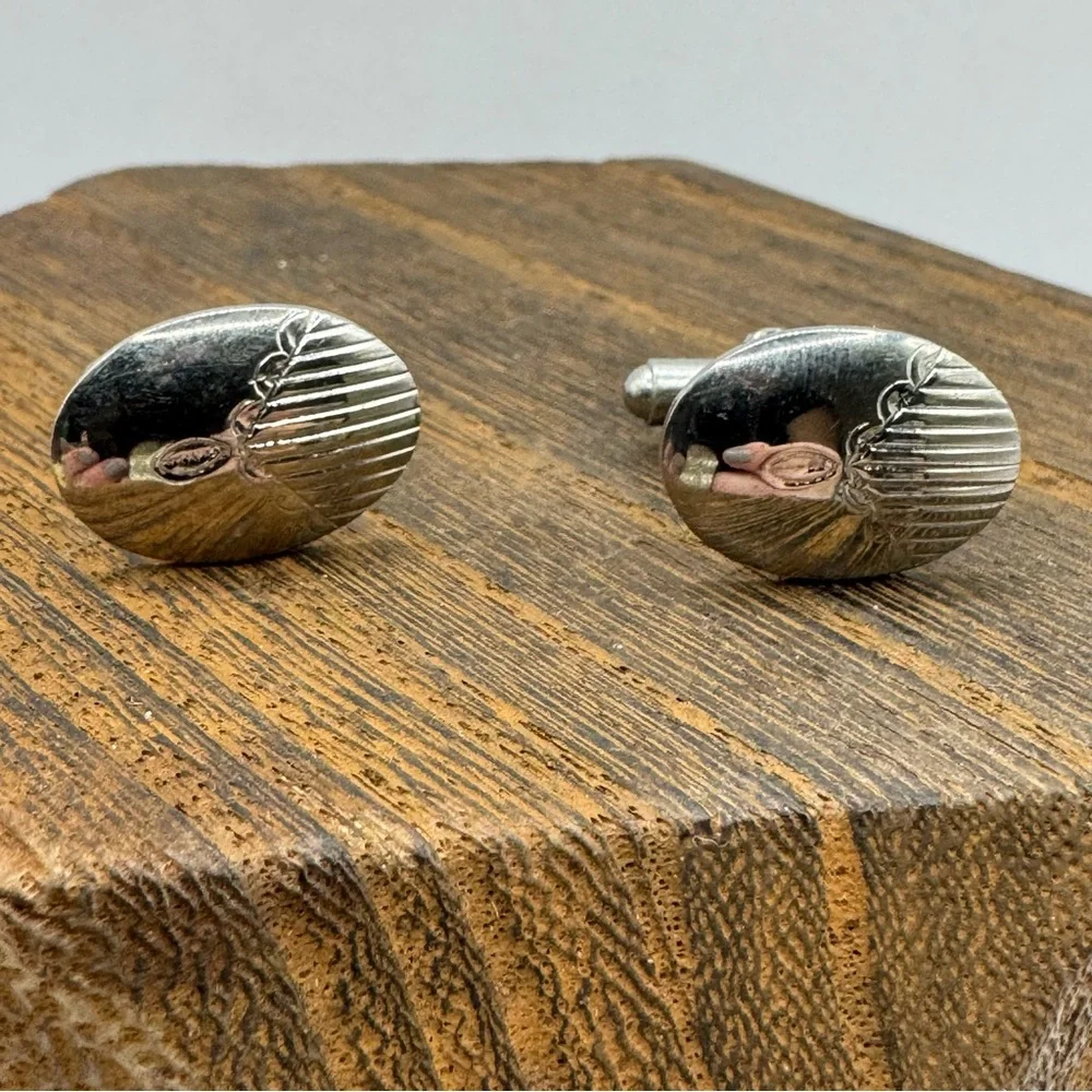 vintage silver tone cuff links etched design oval MCM dapper wedding formal